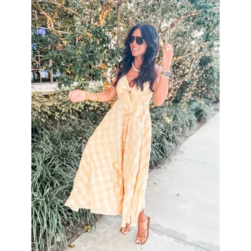 FREE PEOPLE Via Gingham Cotton Seersucker Sundress Creamsicle Combo Eve X-Small - Picture 10 of 11